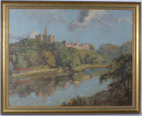 John Arthur Dees, Warkworth Castle and Hermitage reflected in the River Coquet, oil on canvas