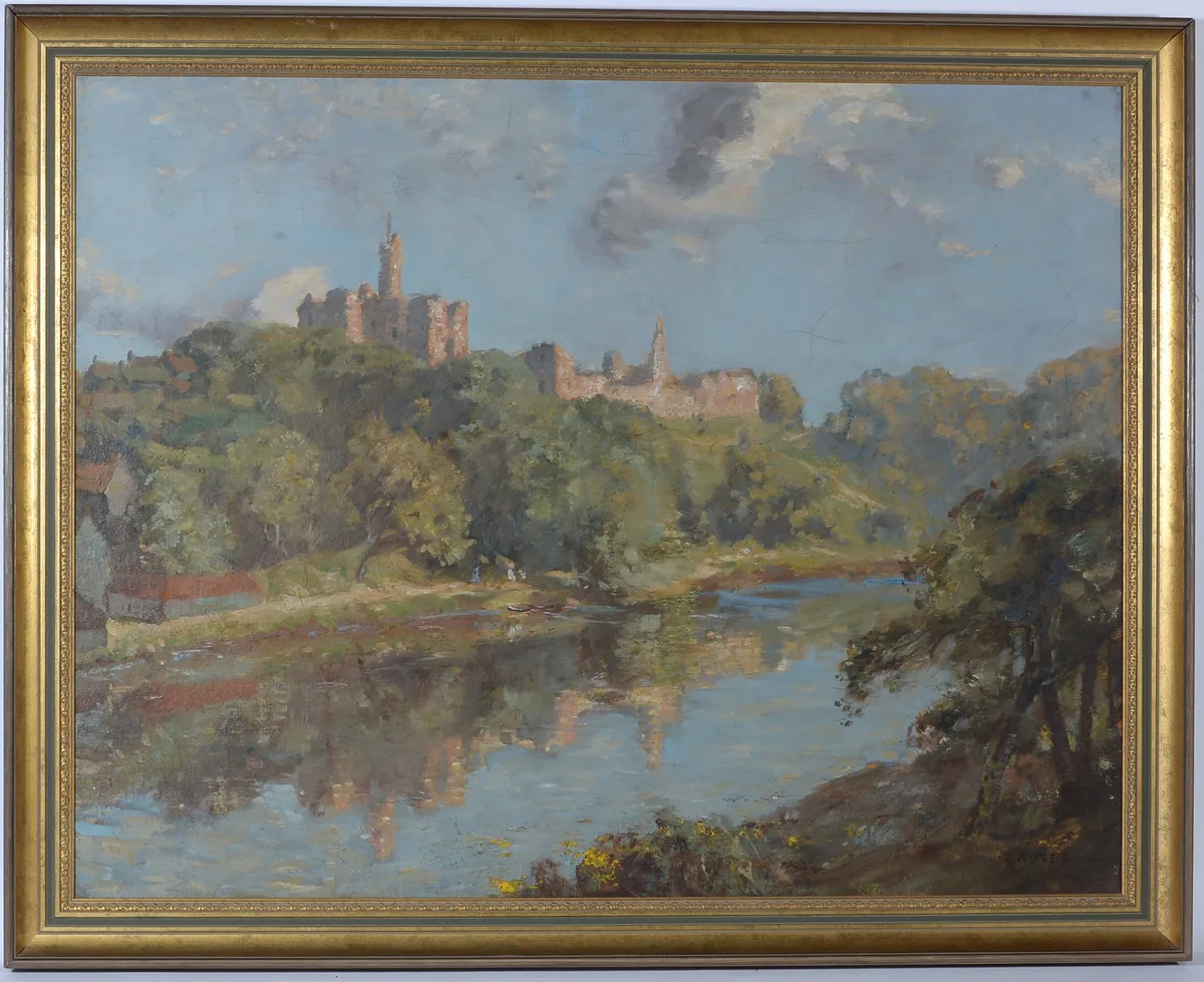 John Arthur Dees, Warkworth Castle and Hermitage reflected in the River Coquet, oil on canvas