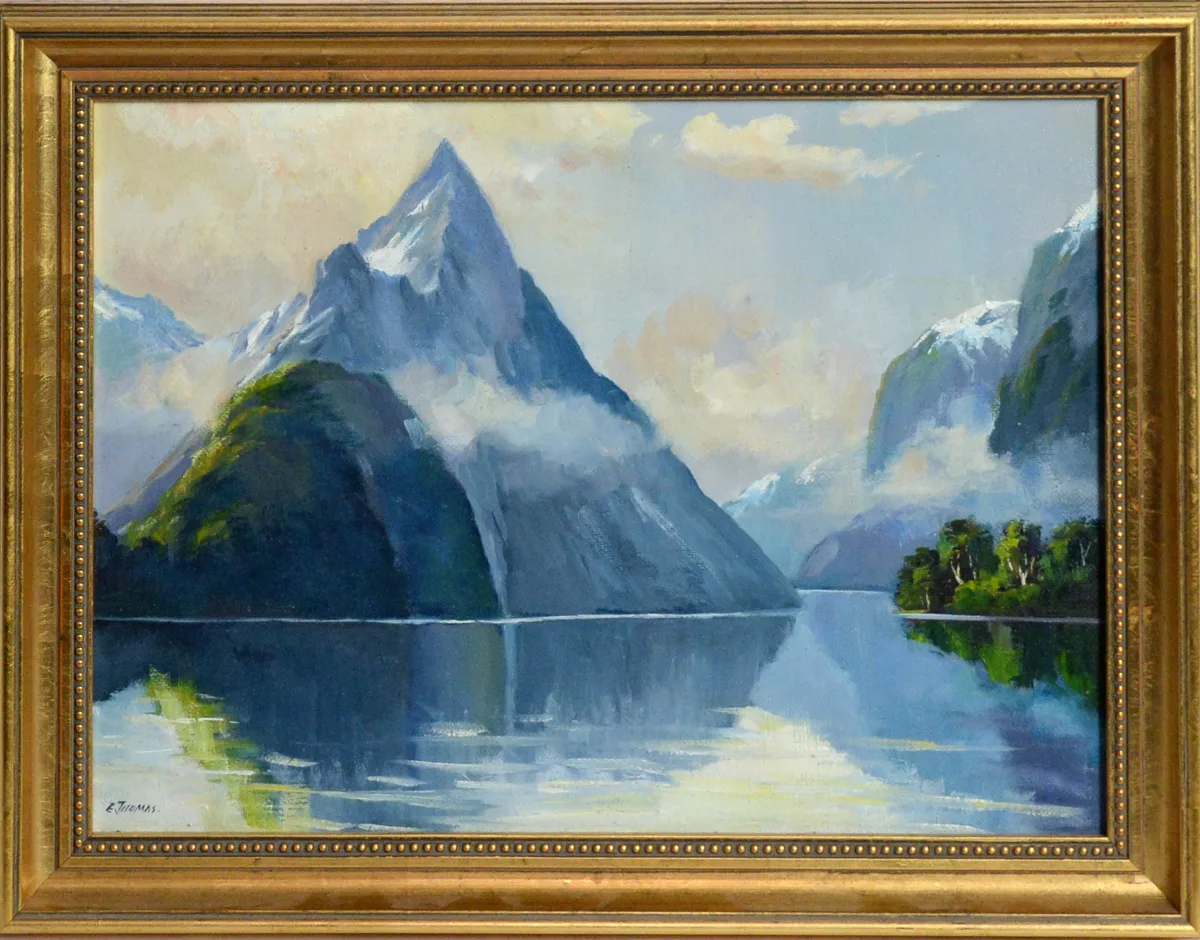 E. J. Thomas, Mitre Peak, New Zealand, oil on canvas board