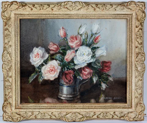Marion Broom, Still Life with Garden Roses and Pewter Tankard, watercolour