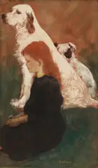 Arthur Bowen Davies, Red Headed Child in Black with Two Dogs, gouache on paper laid down on board