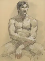 Mark Beard, Male Nude Seated with Arms Crossed and Male Nude Leaning on Elbow: A Double-Sided Work (MB 003F), 2005, charcoal and conté crayon on paper