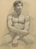Mark Beard, Male Nude Seated with Arms Crossed and Male Nude Leaning on Elbow: A Double-Sided Work (MB 003F), 2005, charcoal and conté crayon on paper