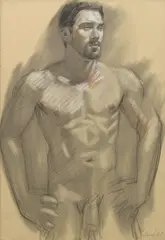 Mark Beard, Male Nude with Hands on Hips and Shirtless Male Figure Seated: A Double-Sided Work (MB 021B), 2001, charcoal and conté crayon on paper