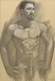 Mark Beard, Male Nude with Hands on Hips and Shirtless Male Figure Seated: A Double-Sided Work (MB 021B), 2001, charcoal and conté crayon on paper