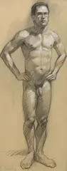 Mark Beard, Male Nude Standing with Hands on Hips, Full Figure (MB 021), 1993, charcoal and conté crayon on paper