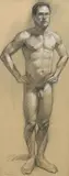 Mark Beard, Male Nude Standing with Hands on Hips, Full Figure (MB 021), 1993, charcoal and conté crayon on paper