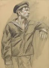 Mark Beard, Male Figure in Sailor Uniform and Two Male Nudes: A Double-Sided Work (MB 005F), 1994, charcoal and conté crayon on paper