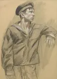 Mark Beard, Male Figure in Sailor Uniform and Two Male Nudes: A Double-Sided Work (MB 005F), 1994, charcoal and conté crayon on paper