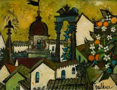 Henry Faulkner, Village, oil on Masonite