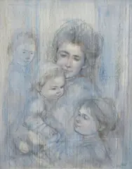 Edna Hibel, Mother and Three Children, oil and charcoal on silk laid down on Masonite
