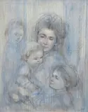 Edna Hibel, Mother and Three Children, oil and charcoal on silk laid down on Masonite