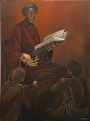 Bible Study by Ernie Barnes, 1973, acrylic on canvas, offered Nov 2024
