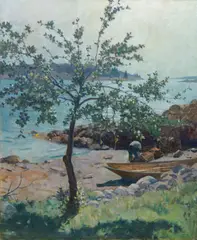 N. C. Wyeth, Unknown (Coastal Scene with Apple Tree in Foreground), circa 1936, oil on canvas