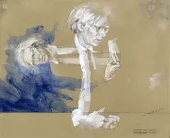 Jamie Wyeth, a.w. Double A.W. Study / Heads and Hands, 2019, watercolor, gouache and graphite on toned paperboard