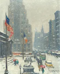 The Library Winter by Guy Carleton Wiggins, 1940, oil on canvas, sold May 2024