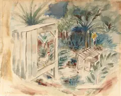 Isami Doi, Landscape with Chicken Coop, 1939, watercolor and pencil on J. Whatman wove paper