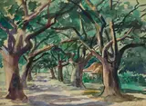 Jule H. Kullberg, Puna Coastline, thought to be Red Road (Kapoho Kalapana Road) or Red Cinder Road (Route 137), watercolor and pencil on paper