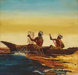 Helen Thomas Dranga, Marshall Islands Men in a Canoe Using a Navigation Chart, oil on canvas laid to board