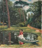 Woman with Umbrella by American School, oil on canvasboard, sold May 2023