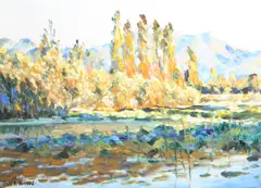 Paul B. Wilson, Nishat Bagh on the Edge of Dal Lake in Srinagar, India, 1980, oil on canvas board