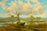 Manuel Valencia, A boat on the bay, oil on canvas