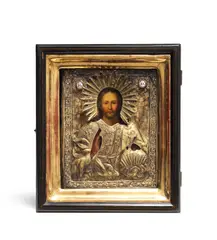 Christ Pantocrator, maker's mark in Cyrillic "SD" for Drozdov Sergey Dmitrievich, Moscow 1839, finely painted in strong colours in a repoussé, chased and engraved silver-gilt oklad with enamel captions; in glazed wooden kiot
