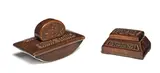 Possibly Abramtsevo-Kudrinskaya workshops by Wooden presse-papier and ink stand, circa 1900-1910, length of presse-papier: 13.5cm (5 5/16 in); length of ink stand 9 cm (3 9/16 in), offered May 2023