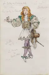 Alexandre Benois, Two costume designs for La Belle au Bois Dormant 1953, pencil, pen, watercolour and touches of gold paint on paper