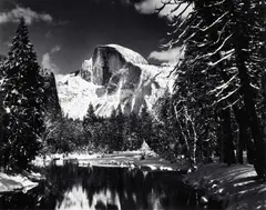 Ansel Adams, Half Dome, Merced River, Winter, Yosemite Valley, 1938, Gelatin silver print, probably printed between 1950 and 1957; mounted