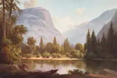 Washington's Column, from Along the Merced River (Yosemite Valley) by Thomas Hill, oil on canvas, sold Nov 2023