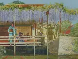 Theodore Wores, Under the Wisteria, oil on board
