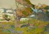 Franz Bischoff, Gnarled Old Pine and Spring Flora, oil on canvas