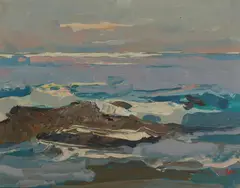 Si Chen Yuan, Calm Sea at Sunset, oil on Masonite