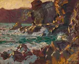 Paul Dougherty, Waves Breaking at Sunset, oil on panel
