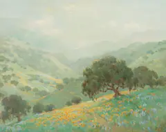 Poppies and Distant Sea by Frank Montague Moore, oil on Masonite, sold Nov 2023