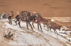 Laverne Nelson Black, Pack Donkeys and Figures, oil on brown paperboard