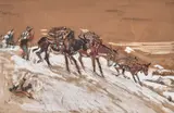 Laverne Nelson Black, Pack Donkeys and Figures, oil on brown paperboard