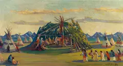 Blackfoot Indian Ceremony by Kathryn W. Leighton, oil on canvas, sold Nov 2023
