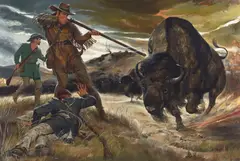 There was a Man: To Daniel Boone A Buffalo Stampede Was All In A Day's Work by Kenneth Riley, circa 1949, acrylic and oil on board, offered Nov 2023