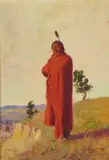Elling William "Bill" Gollings, Native American Man Standing in a Red Robe, oil on board