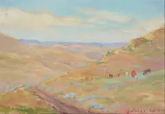 Cows Grazing, Wyoming by Elling William "Bill" Gollings, oil on board, sold Nov 2023