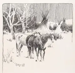 Three Horses near Tipis by Elling William "Bill" Gollings, ink on paper, sold Nov 2023