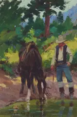 Cowboy Watering his Horse by Elling William "Bill" Gollings, oil on board, sold Nov 2023
