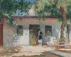 Mathias Alten, Sweeping the Porch, oil on canvas