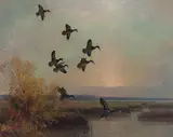 Reveau Mott Bassett, Mallards Rising, oil on canvas