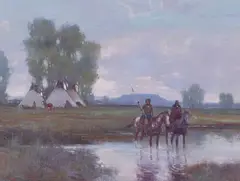 W. Steve Seltzer, Two Figures on Horseback in a River, oil on Masonite