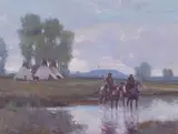 W. Steve Seltzer, Two Figures on Horseback in a River, oil on Masonite