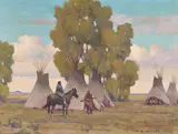 W. Steve Seltzer, Figures near a Tipi Encampment, oil on canvaspanel