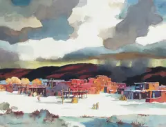 Nat Youngblood, Taos Pueblo in Winter, watercolor on paper